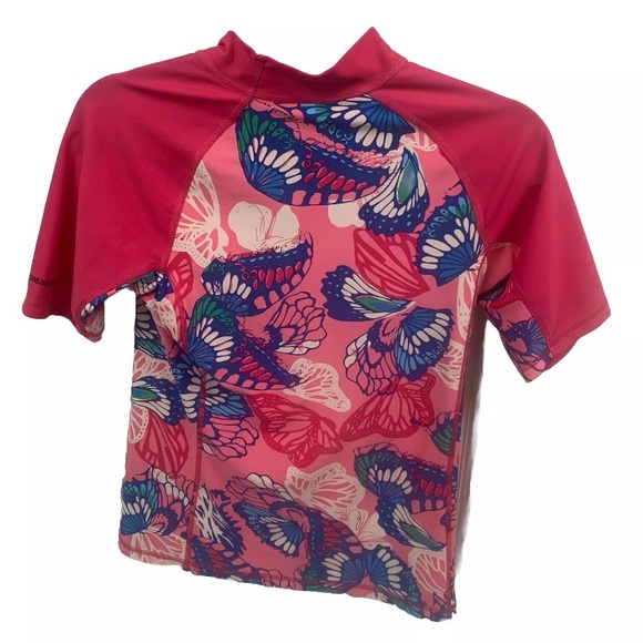 Patagonia Girls Hot Pink With Butterfly Print Swim Top Rashguard Size XL 14 EUC - Picture 2 of 6